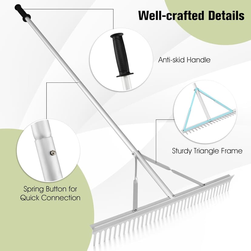 Goplus Landscape Rake 36 Inch, Aluminum Rake Head w/36 Tines and 68" Long Non-Slip Handle, Yard Rake Tool for Loosening & Leveling Soil, Landscaping Rake Beach Garden Lawn Care, Collecting Leaves