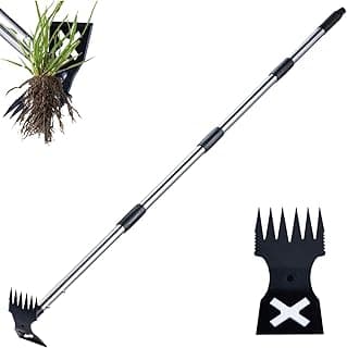 Weed Puller Tool with Long Handle - 60" Manual Weeder Remover Tool, 2 in 1 Hand Weed Rake and Garden Hoe for Gardening, Heavy Duty Uprooting Weeding Pull for Yard, Lawn, Patio and Garden