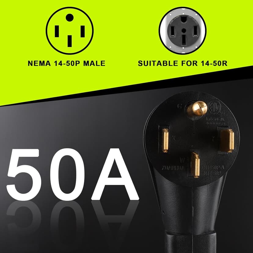 50 Amp to 110 Adapter RV Cord, 50 Amp to 20 Amp Adapter, NEMA 14-50P Male Plug to 4X 5-15R/5-20R Household Outlet Female with Dust Protection Caps, 1.5 FT
