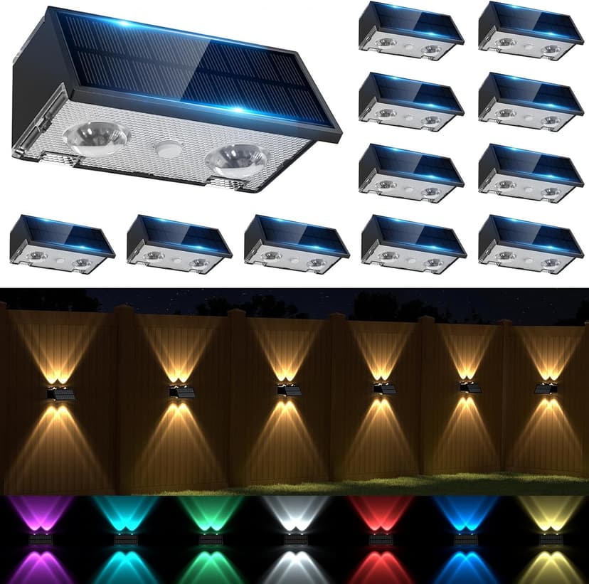 Solar Fence Lights Outdoor, 12 Pack Warm & Cool White RGB LED IP68 Waterproof Wall Mount Sconce Up & Down Solar Lights for Outside Garden Patio Backyard Garage Step（Black