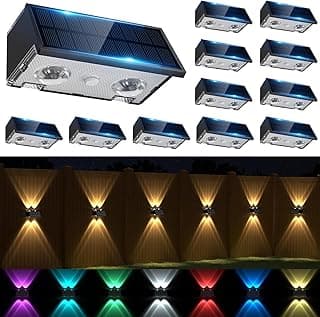 Solar Fence Lights Outdoor, 12 Pack Warm & Cool White RGB LED IP68 Waterproof Wall Mount Sconce Up & Down Solar Lights for Outside Garden Patio Backyard Garage Step（Black
