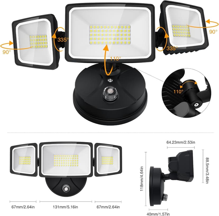 Onforu 60W LED Dusk to Dawn Flood Lights, 6000LM Exterior Security Outdoor Lighting, IP65 Waterproof Outdoor 3 Adjustable Heads Photocell Light Fixture, 6500K Floodlight for Garage, Patio, Yard