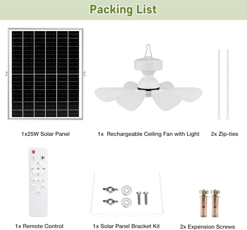 Solar Ceiling Fan Kit, 25W Solar Powered Rechargeable Ceiling Fan with Light for Outdoor Gazebo Canopy Tent, with 32Wh/10000mAh Battery Backup, Remote Control