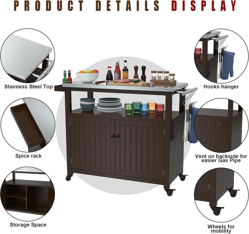 GDLF Outdoor Storage Cabinet Solid Wood Prep Grill Table with Stainless Steel Top Waterproof Cover Dark Brown
