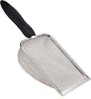 SunGrow Cat, Reptile Sand Scoop, Stainless Steel Fine Mesh Net for Lizard, Gecko, Snake Habitat, Substrate and Gravel Sifter, Black Non-Slip Handle Sifter, 11” x 4” x 2”, 1 Pc