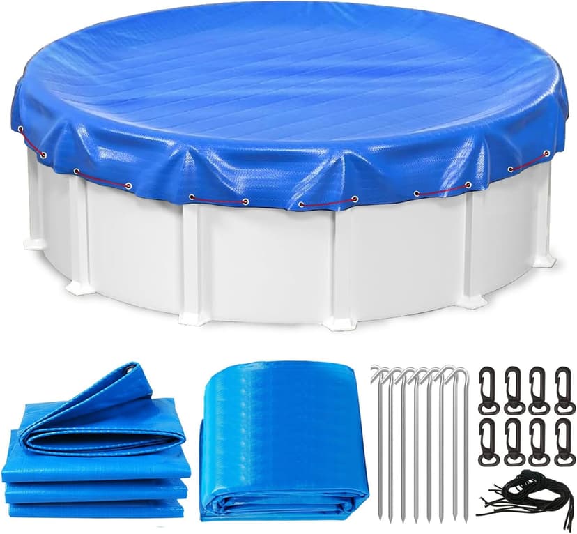 LXKCKJ 24 Ft Round Pool Cover, Winter Pool Covers for Large Above Ground Pools, Extra Thick PE Pool Cover Add Ground Nail Set and Specially Molded Winch Ideal for Waterproof and Dustproof (Blue)