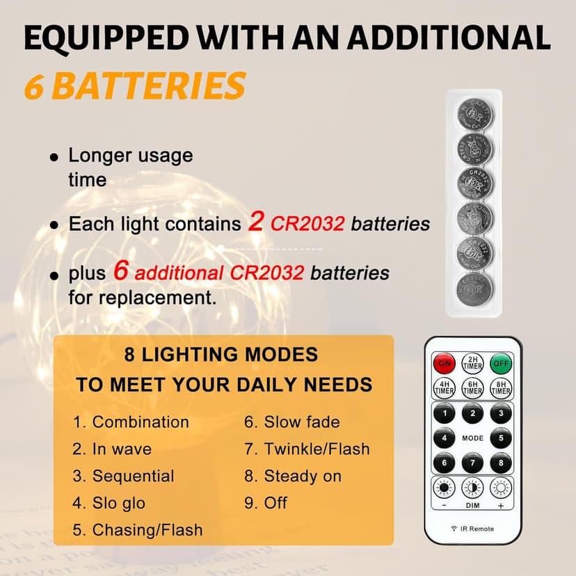 6PCS Fairy Lights Battery Powered with Remote, 7ft 20LEDs Warm White Twinkle Mini Lights with Timer, Waterproof Small Silver Wire Firefly Starry for DIY Wedding Party Christmas