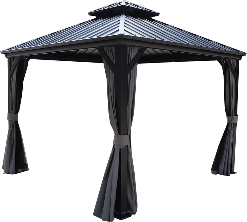 Kozyard Caesar 10'x10' Hardtop Gazebo - Permanent Metal Pavilion with Netting and Shaded Curtains for Patio, Backyard, and Deck - Galvanized Steel Outdoor Aluminum Canopy, Double Roof Gazebo (Grey)