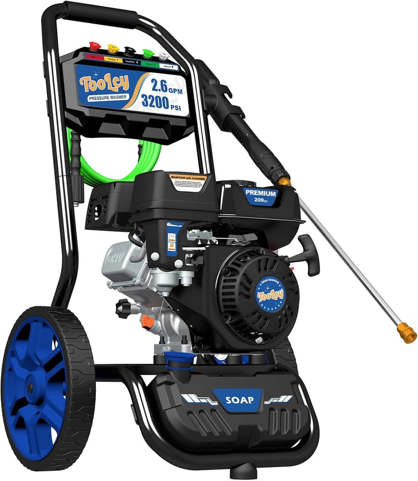TOOLCY Gas Pressure Washer 3200 PSI & 2.6 GPM, High Performance Engine, Includes Swivel Spray Gun and Wand, 35FT Power Washer Hose, 5 Nozzle Tips, Onboard Soap Tank, for Cars/Driveways/Homes