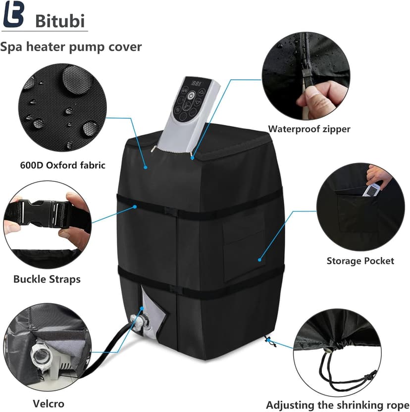 Bitubi Hot Tub Spa Heater Pump Winter Cover, Waterproof Heavy Duty Hot Tub Insulated Pump Cover with Plush Lining for Most Inflatable Hot Tub Spa Heater Pump on Market (Black,Cover only)