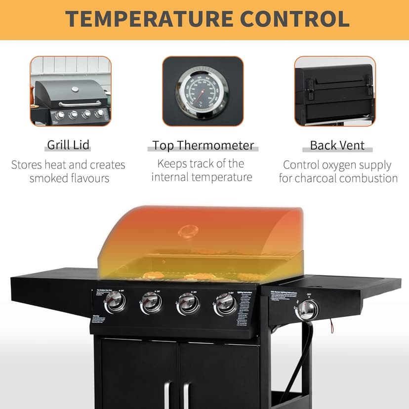 Outsunny 4 Burner Propane Gas Grill, 50,000 BTU Steel Outdoor Barbeque/Barbecue with Side Burner, Wheels, Warming Rack, Shelf, Cabinet, Thermometer, Black