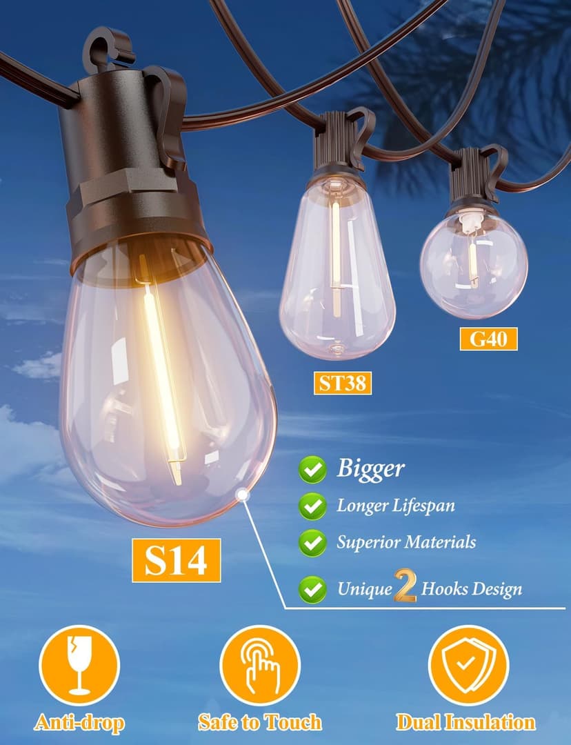 Brightever LED Outdoor String Lights, 60FT Patio Lights with 17 Shatterproof S14 Vintage Edison Bulbs(1 Spare), Outside Hanging Light Waterproof for Porch, Garden, Deck, Backyard, 2700K Dimmable