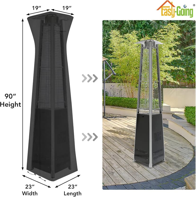 Easy-Going Pyramid Torch Patio Heater Cover with Zipper and Storage Bag, Waterproof Outdoor Heater Cover Dustproof, UV-Resisant, Wind-Resistant (90"H x 23"L x 23"W, Black)