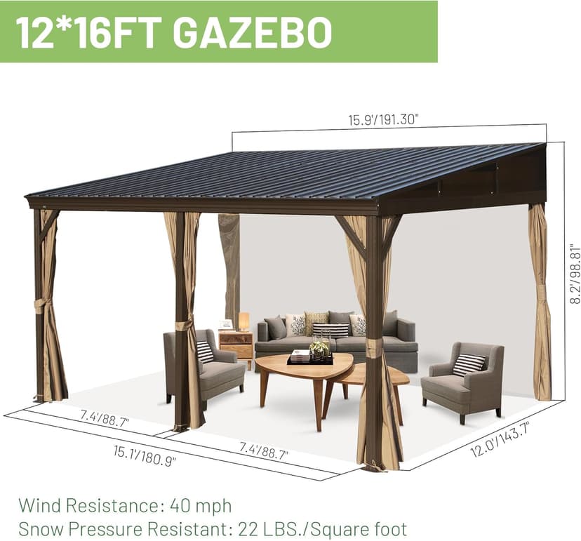 DOMI 12x16FT Lean to Gazebo, Outdoor Hardtop Wall Mounted Gazebo with Sloping Galvanized Steel Roof, Durable Aluminum Frame, Netting Curtain for Deck, Porch, Backyard