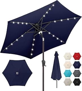 7.5ft Solar Umbrella Outdoor - Lighted Patio Umbrella with 24 LED Lights Waterprool Uv Protection, Table Umbrella with Tilt & Crank for Pool, Porch, Garden, Deck, Backyard(Dark Blue)