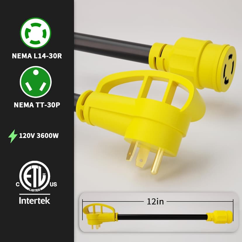 30 Amp to 30 Amp RV Generator Adapter Cord 1FT(12 Inch), NEMA TT-30 Male Plug to NEMA L14-30 Female Plug, 3 Prong Heavy Duty Power Cord, 10 Gauge STW, 30A 125V/250V, Black-Yellow, ETL Listed