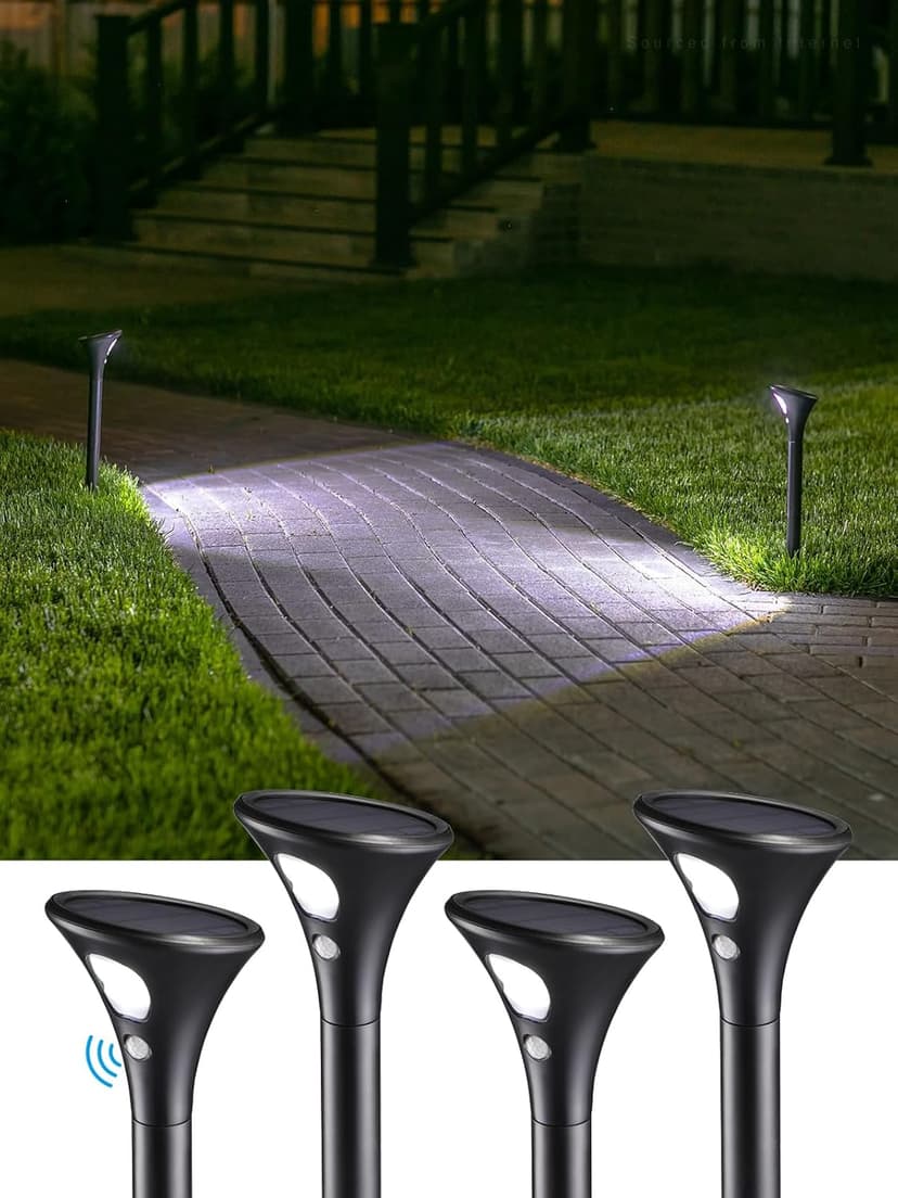 LEONLITE LED Solar Powered Motion Sensor Pathway Lights, Battery Powered Outdoor Solar Landscape Lights, Walkway Light for Yard Garden Lawn, All Night Long Lighting 6500K Pure White, Pack of 4