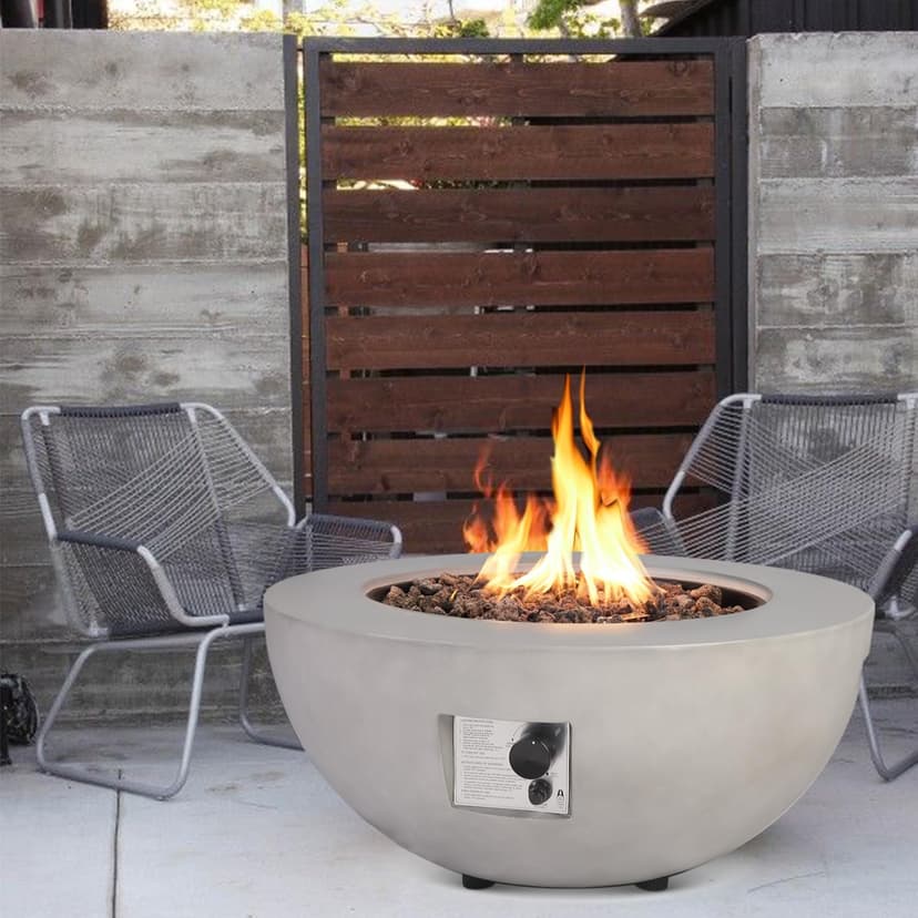 Outdoor Propane Fire Pit Table - 31.5 Inch Concrete Round Fire Table Bowl 50,000 BTU Gas FirePit Burner with Steel Lid, Lava Rocks, Rain Cover for Outside Patio, Backyard, Party