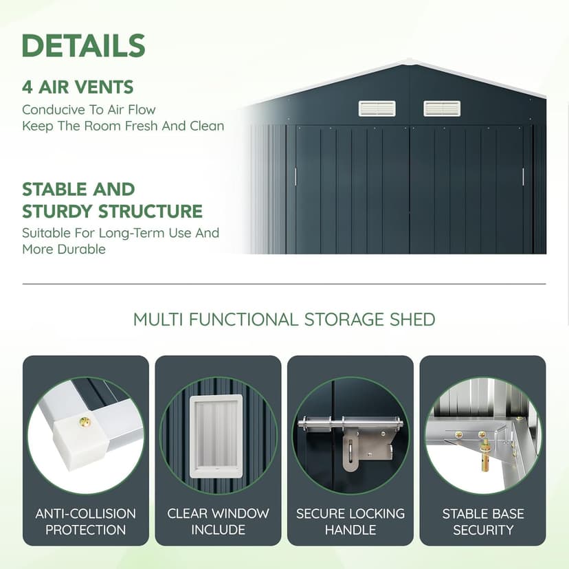 10X12X7.5 FT Outdoor Steel Storage Shed with Lockable Doors, 2 Windows, Transparent Roof Panels (Wood Panels & Frame Floor Not Included), Ideal for Patio Storage,Garbage Can, Chicken Coop