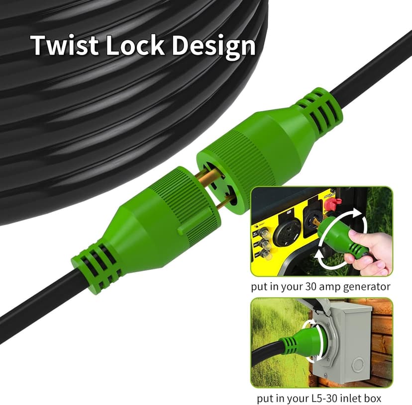 RVMATE 3 Prong 30 Amp Generator Extension Cord 10 Feet, NEMA L5-30P/L5-30R 125V SJTW Jacket