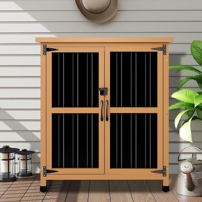 Outdoor Storage Cabinet, Weatherproof Horizontal Storage Shed Box with Lockable Doors, Wood & Metal Patio Backyard Organizer for Lawn Equipment, Gardening Tools, Pool Accessories Yard Supplies