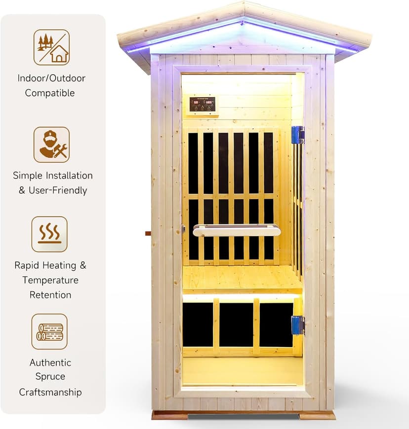 Outdoor Sauna 1 Person for Home Backyard Sauna Outdoor Infrared Sauna 1 Person Dry Sauna for Home Far Infrared Sauna Outdoor Spruce Wood Sauna 1300W Low EMF Single Person Infrared Sauna Room in Home