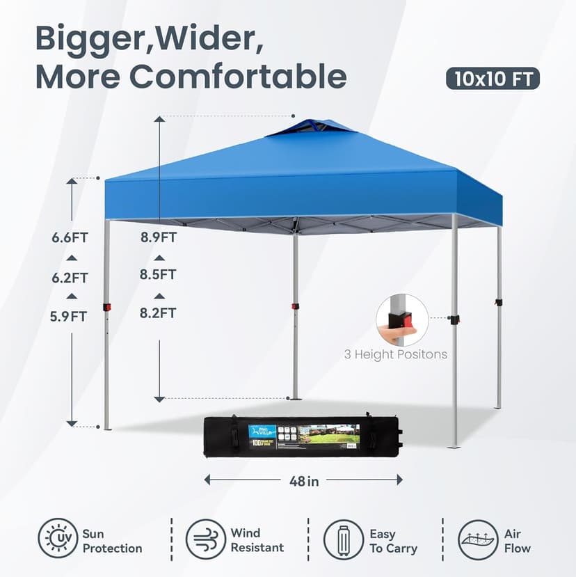PHI VILLA Outdoor Pop up Canopy 10'x10' Tent Camping Sun Shelter-Series Party Tent, 100 Sq. Ft of Shade (Blue)