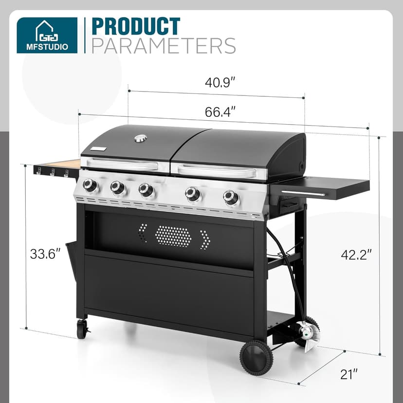 MFSTUDIO 5 Burner Propane Gas Grill and Griddle Combo with Porcelain-Enameled Cast Iron Grate and Pan, BBQ Grills with Flat Top Grddle for Outdoor Cooking, 696 SQIN Cook Area, Black