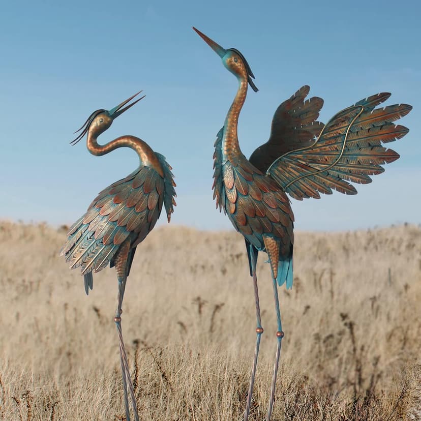 Metal Heron Yard Art, Standing Garden Sculptures & Statues for Outdoor Decor, 38-42 Inch Set of 2, Copper