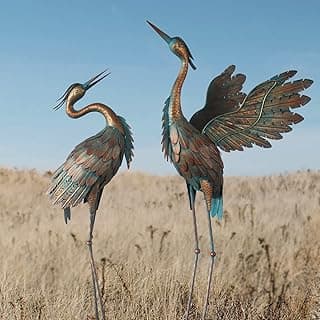 Metal Heron Yard Art, Standing Garden Sculptures & Statues for Outdoor Decor, 38-42 Inch Set of 2, Copper