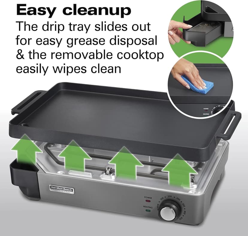 Hamilton Beach Professional Cast Iron Indoor Electric Grill & Griddle, 10" x 16" Preseasoned Cooking Surface, Adjustable Temperature up to 450° F, Black (38560)