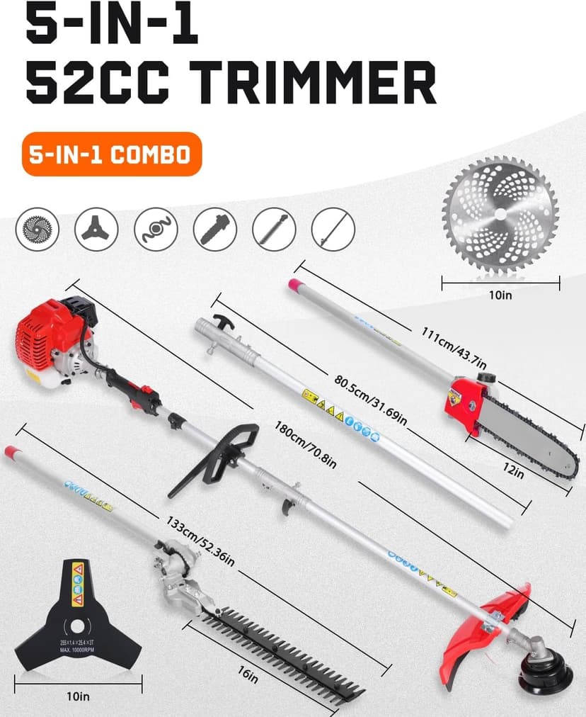 5-in-1 Weed Wacker Gas Powered – 52CC 2-Stroke String Trimmer/Edger, Pole Saw, Hedge Trimmer and Brush Cutter Blade with Extension Pole – Gas Powered Yard Tool for Landscaping (GC5080)