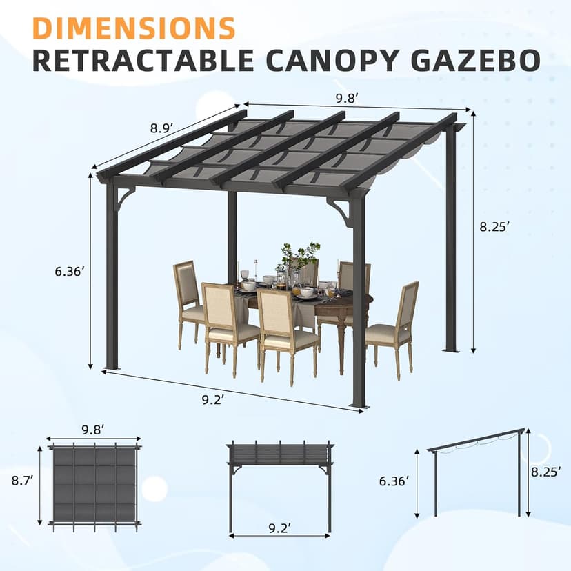 AECOJOY 10' x 8' Gazebo for Patio, Retractable Pergola with Adjustable Sun Shade Canopy Roof, Small Wall-Mounted Lean to Outdoor Pergolas and Gazebos Clearance, Metal Awnings for Decks, Patio