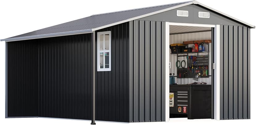 AMERLIFE 10.6x10.3x6.3 FT Outdoor Storage Shed with Sliding Doors Two 4-Pane Windows, Open Outdoor Shed for Wood Storage, Dark Grey/White