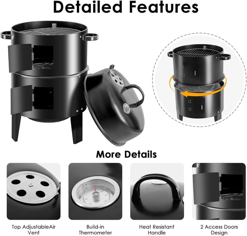 17-Inch Vertical 17-Inch 3-in-1 Charcoal BBQ Smoker, Heavy-Duty Portable Outdoor Grill with Built-in Thermometer, Dual Air Vents, and Multi-Level Cooking for Camping & Backyard Parties