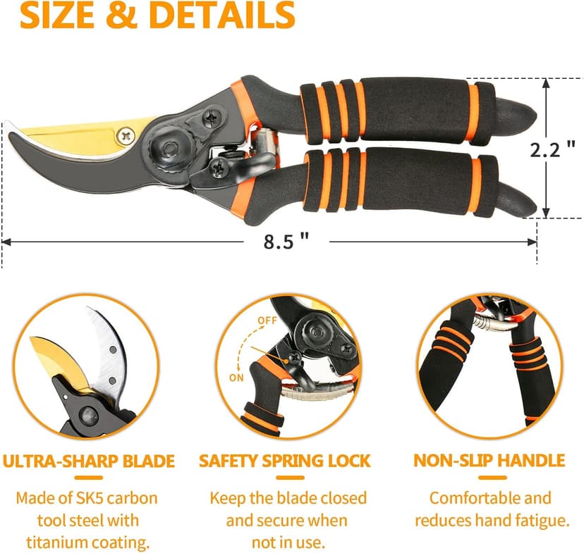 Pruning Shears, Garden Shears - Hewog 8.5" Professional Premium SK5 Steel with Titanium Bypass Pruning Shears for Gardening, Sharp Handheld Heavy Duty Garden Hedge Clippers/Scissors Pruners Tools