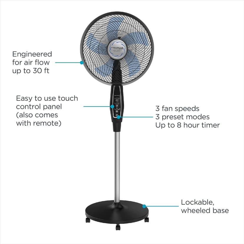 Rowenta, Pedestal Fan, Extreme Outdoor Fan with Remote, 65 Inches, Ultra Quiet Fan, Oscillating, Portable, 3 Speeds, Digital Control, Black, Ourdoor, VU4510