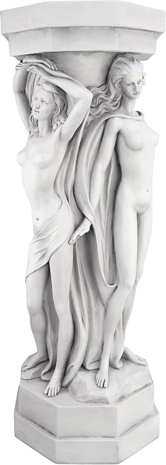 Design Toscano Column of Maenads Women Indoor/Outdoor Sculptural Display Pedestal Plant Stand, 28 inches tall, Cast Stone Resin, Antique Stone Finish
