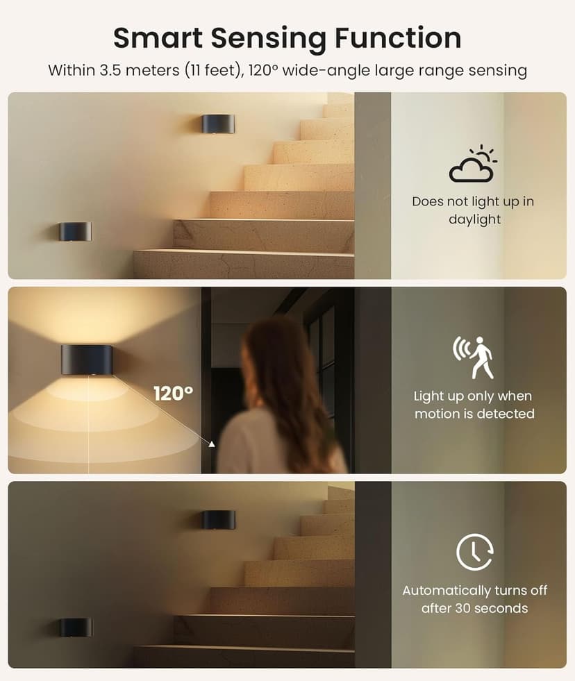 FULEN Motion Sensor Wall Light with Remote Control 3 Colors Wireless Wall Lamp LED Indoor Up and Down Wall Sconce 5000mAh Rechargeable Battery Powered Wall Lamps Brightness Adjustable, Black 2 Pack