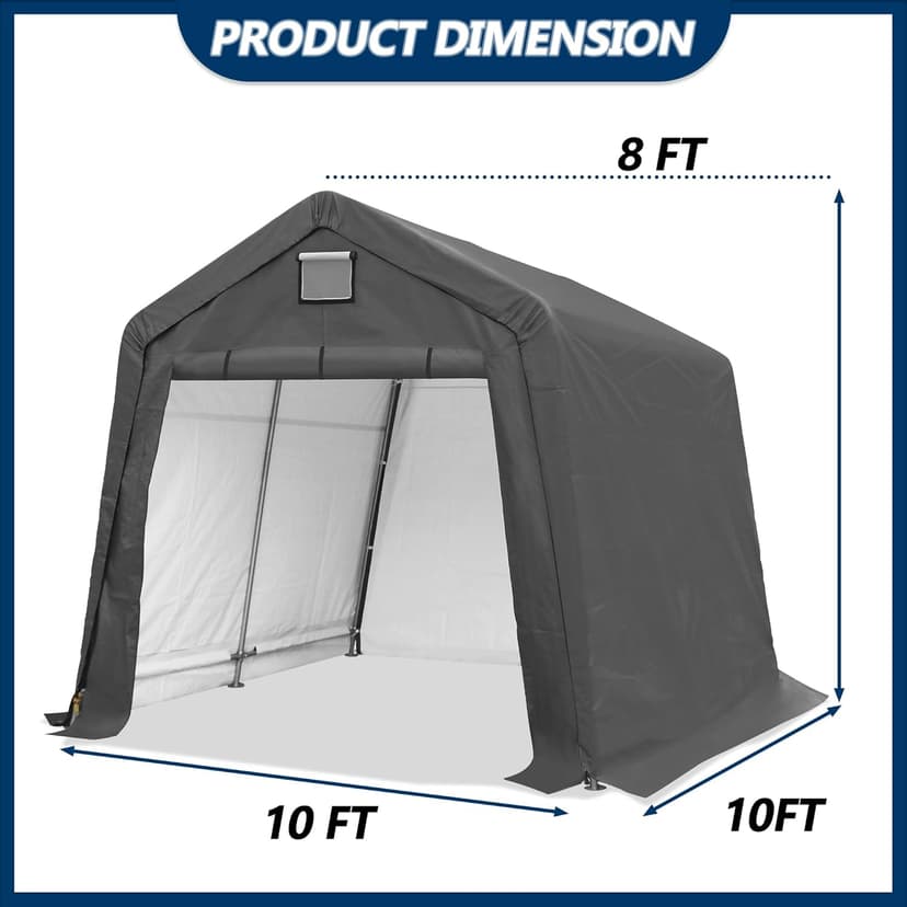 COVERONICS 10' x 10' Outdoor Storage Shed - Heavy Duty Portable Shelter Carport with Ventilation Windows and Roll-up Doors, Storage Shelter Tent for Motorcycle, Bike, Lawnmower and Garden Tools, Grey