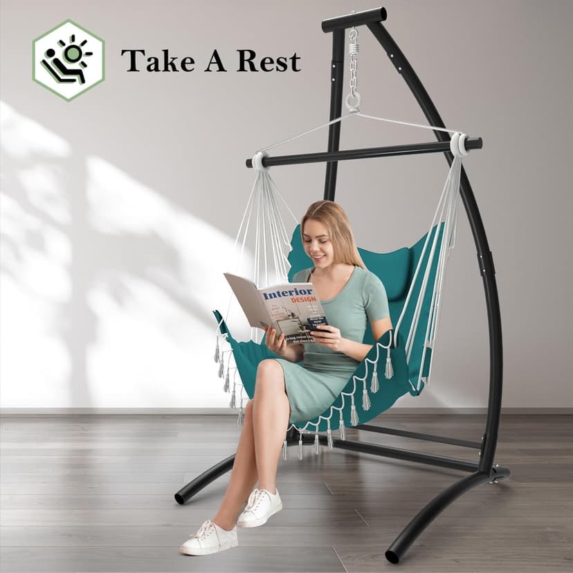 C Type Hammock Chair with Stand, Swing Chair with Neck Pillow, Hammock Stand for Balcony, Patio and Deck, Maximum Weight 300 lbs. (Aqua)