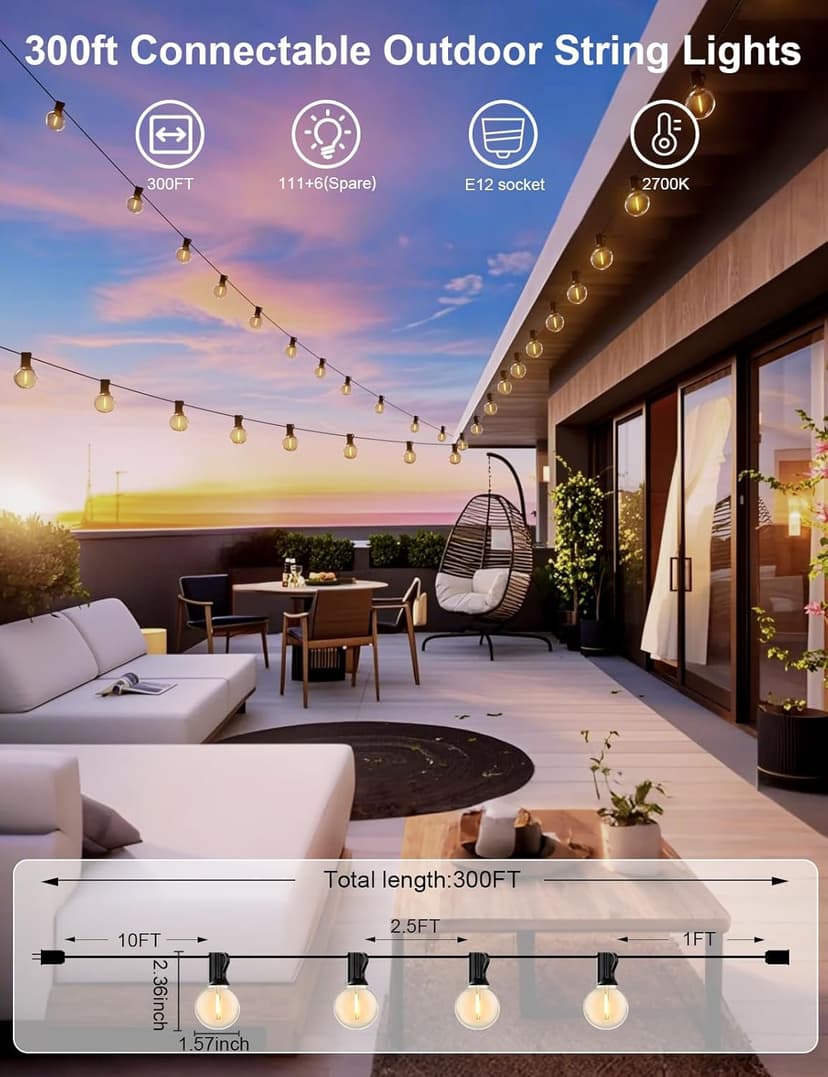 Outdoor String Lights 300 FT Globe LED Patio Lights with G40 Plastic Bulbs,Waterproof Shatterproof Dimmable Connectable Hanging for Backyard Porch Balcony Party Cafe Deck Decor