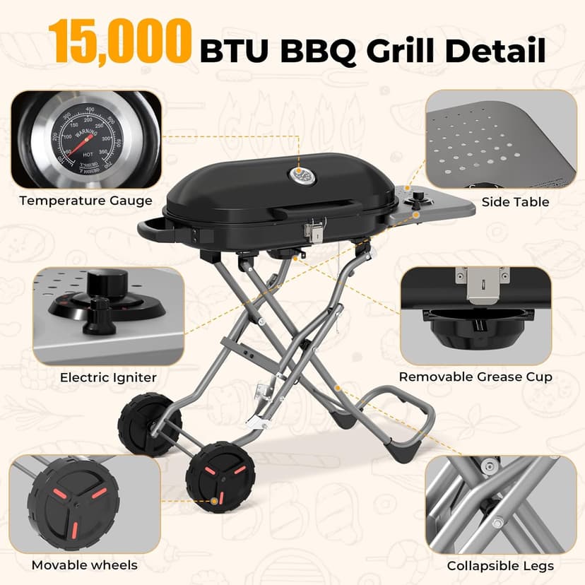 Portable Propane Gas Grill,15,000 BTU BBQ Grill with Top Cover Lid, 406 sq.in. Grilling Areas, 2 Wheels, Built-in Thermometer, Barbecue Gas Grill for Patio,Party,Black