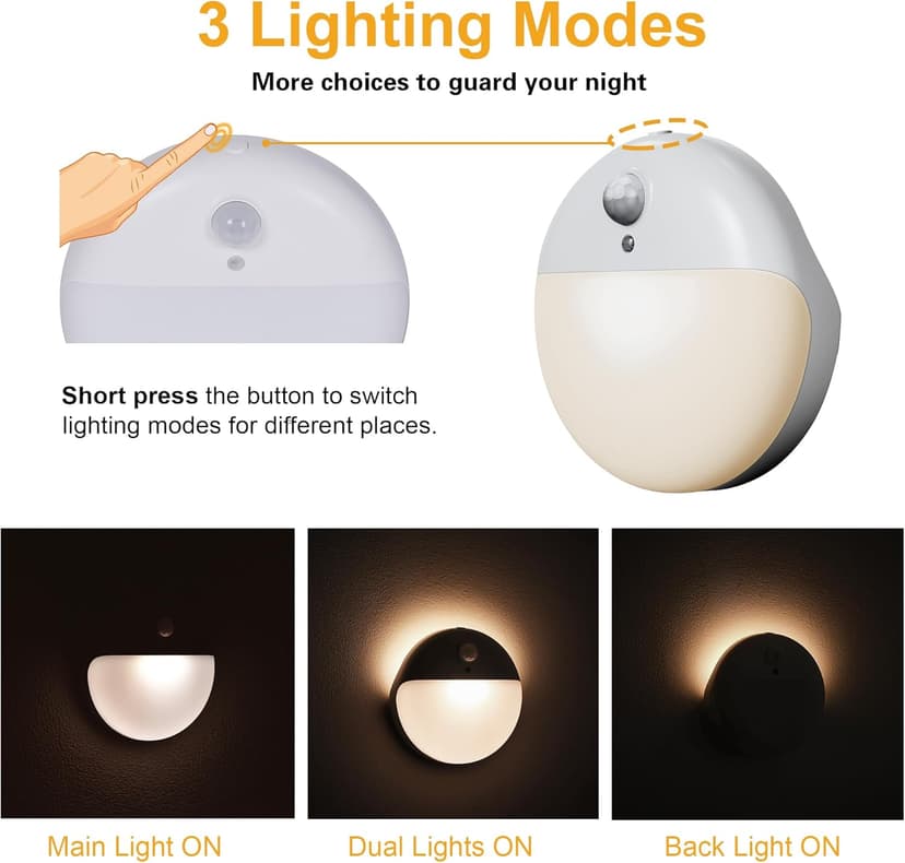 2 Pack Stair Lights Indoor, Stick on Lights, Motion Sensor Night Light, 3 Modes, Dimmable, Portable Battery Night Light for Closet, Cabinet, Bathroom, Bedroom, Kids, Tents, Travel, Warm White