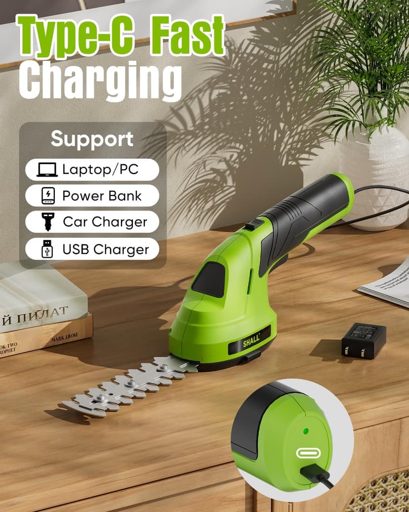 SHALL Cordless Grass Shear & Hedge Trimmer - 7.2V Electric Bush Trimmer 2 in 1 Handheld Shrub Shears, Lightweight Hedge Clippers Grass Cutter w/ 2.0Ah Rechargeable Battery & Type-C Fast Charger -Green