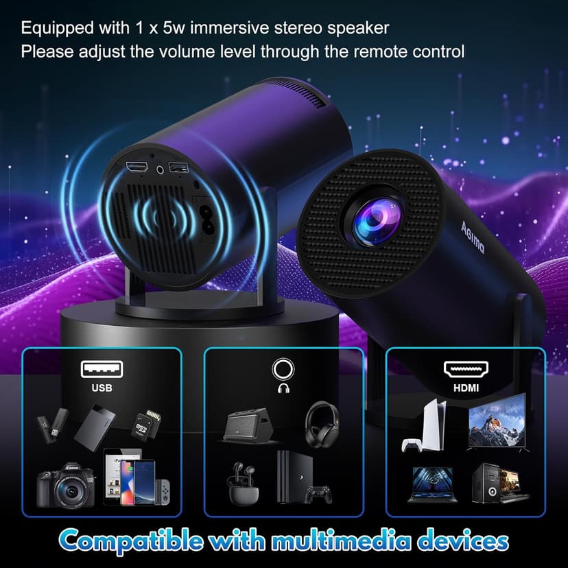 [Built-in Apps] Projector 1080P FHD 4K Support, Smart Projector with WiFi 6 and Bluetooth, Auto Keystone, Stereo Speaker, Compatible with HDMI/TV Stick/USB/Laptop, Portable Projector, Black