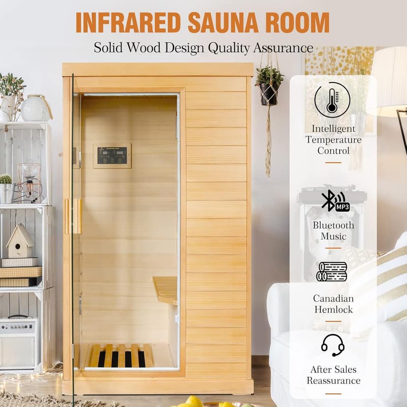 Far Infrared Sauna Home Sauna Spa Room Canadian Hemlock Wood 800W Indoor Saunas 110V with Control Panel and Tempered Glass Door, Room: 35.2 * 27.6 * 61.6Inch