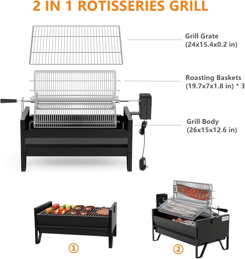 Onlyfire 2 IN 1 Charcoal Grill Rotisserie Kit with 3 Stainless Steel Rotating Baskets and 24 In Grill Grate, Auto Swivel BBQ Roasting Machine for Outdoor Patio Backyard Barbecue, GS304