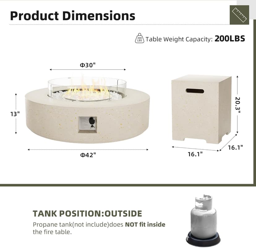 UPHA 42-inch Outdoor Propane Gas Fire Pit Table 50000 BTU Concrete Rectangle FirePit for Outside Patio with Propane Tank Cover, Wind Guad, White Glass Rocks, Rain Cover,Beige
