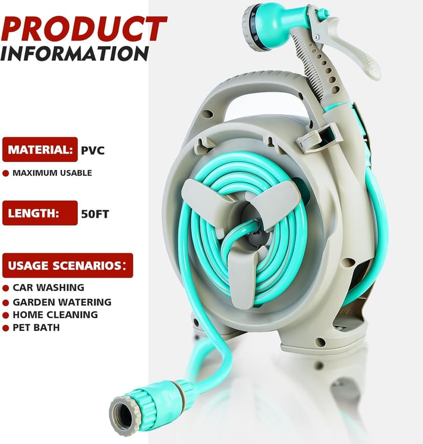 50FT Retractable Garden Hose Reel, Lightweight & Portable Hose Reel with 6 Patterns Spray Nozzle, Suitable for US Standard Hose Connection, Great for Patio Watering